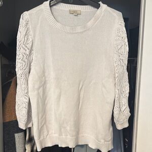 Loft White Knit Sweater with Lace Sleeves